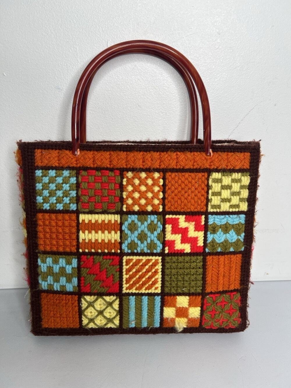 Vintage 1970s Needlepoint Patchwork Tote Bag Amber Lucite Handles Boho Handmade